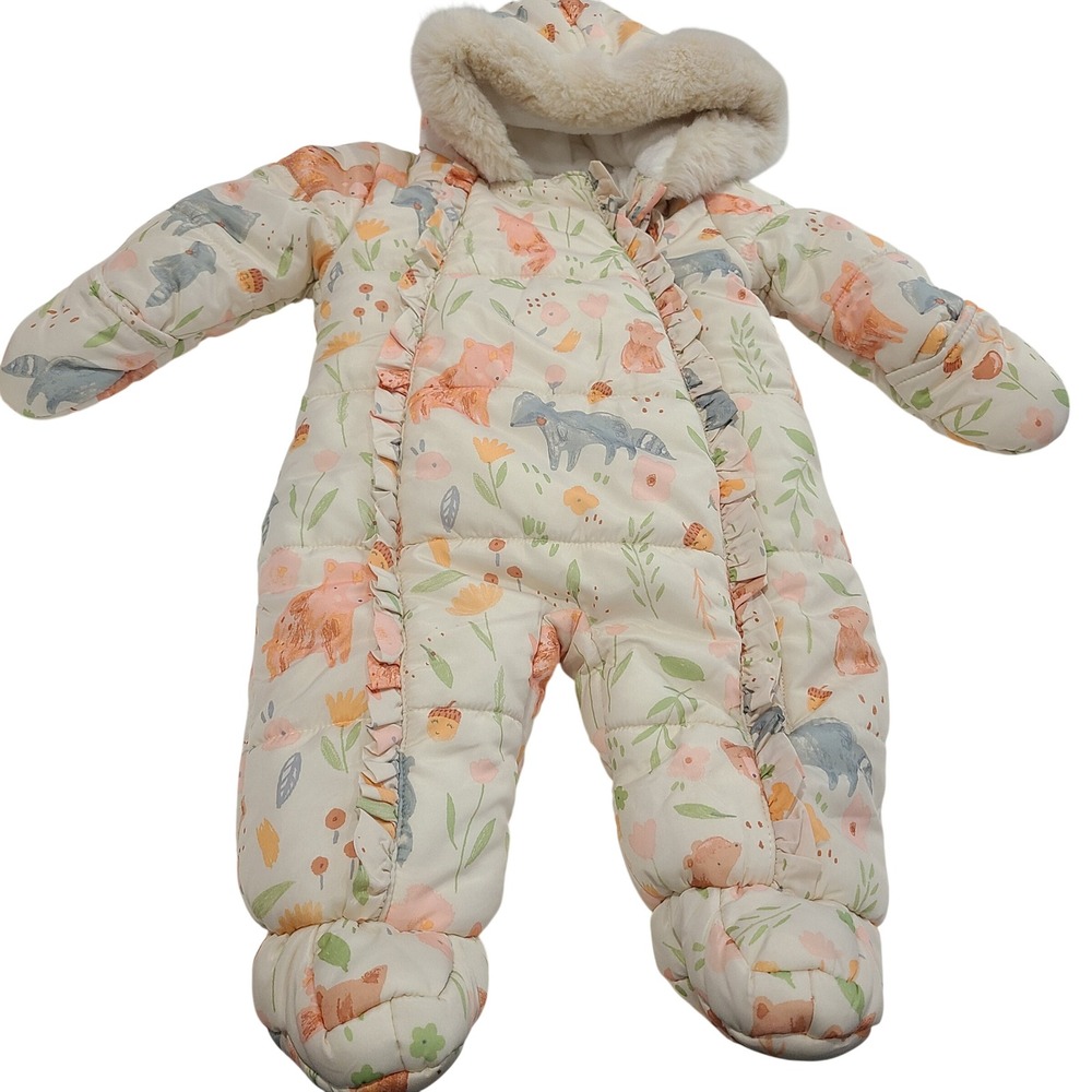 George Baby Girls Woodland Animal Pram Suit Faux‎ Fur Hood Cream 3-6 Months